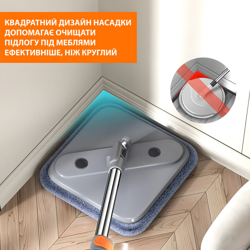 Швабра з обертанням 360°, відром 6 л, авто пресуванням, полосканням і центрифугою, мікрофіброю, 2 резервуарами фото - 3
