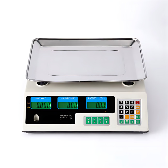 Весы торговые электронные Domotec MS-228, до 50 кг/5 г, двусторонний LCD-дисплей с подсветкой, от сети 220V и аккумулятора 6V