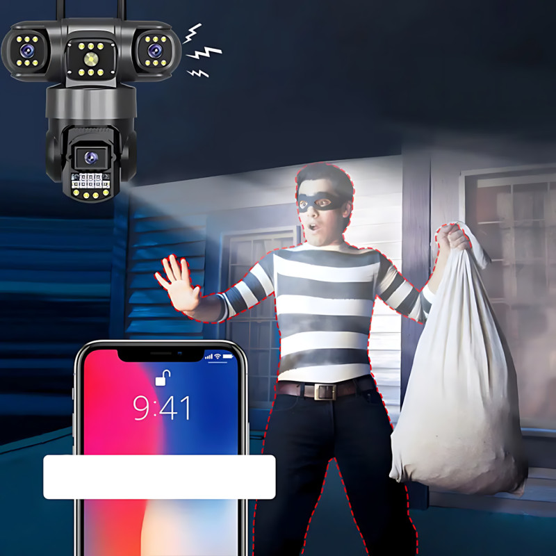 Уличная Wi-Fi IP камера видеонаблюдения v380, 3 объектива, поворот 270°, ночное видение 20 м, датчик движения фото - 5