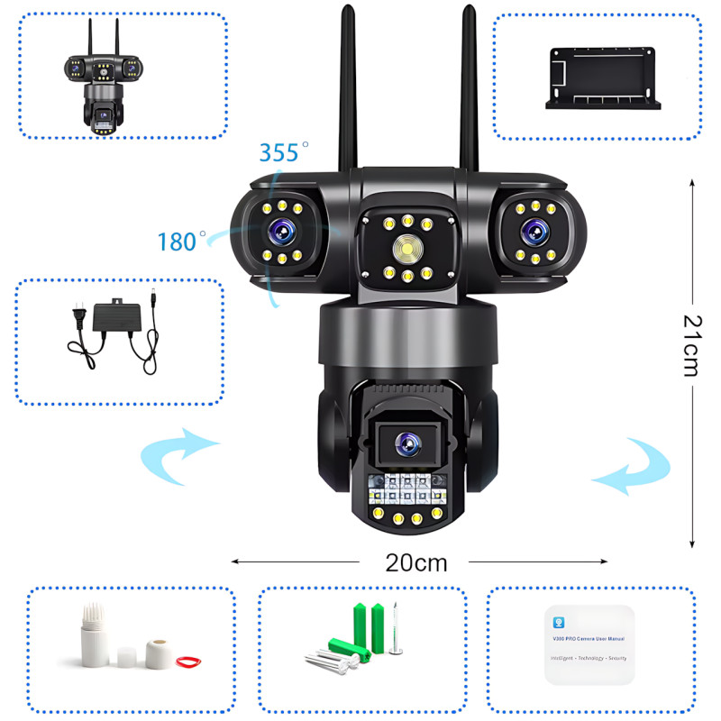 Уличная Wi-Fi IP камера видеонаблюдения v380, 3 объектива, поворот 270°, ночное видение 20 м, датчик движения фото - 10