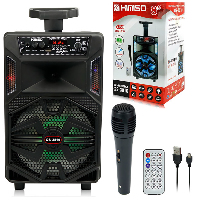 Колонка Kimiso QS-3810 15 Вт, караоке + мікрофон, світловузика, Bluetooth/FM/USB/TF/AUX, акумулятор