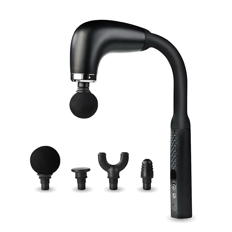 Масажер-пістолет для спини та м'язів GB-868 з довгою ручкою, 9 режимів, 4 насадки, РК-дисплей, акумулятор, чорний фото - 2