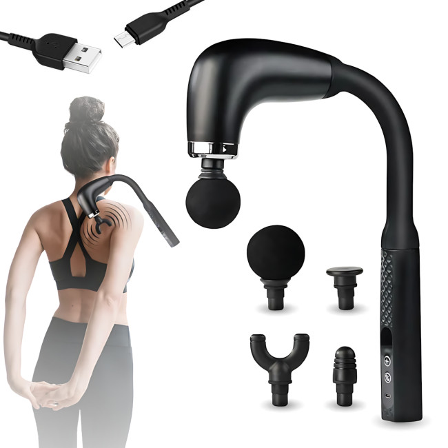 Масажер-пістолет для спини та м'язів GB-868 з довгою ручкою, 9 режимів, 4 насадки, РК-дисплей, акумулятор, чорний