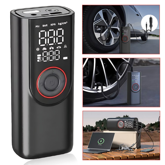 Портативный компрессор ATJ-9566 (3×2000mAh, 80W, 3–150 PSI) с цифровым дисплеем, LED-фонариком, Powerbank и набором насадок