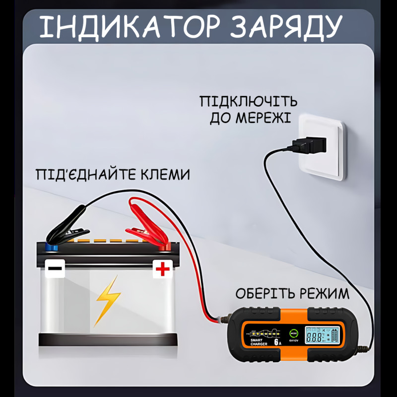 Автоматическое зарядное устройство для аккумуляторов Smart Charger, 6В/12В 6A, с функцией восстановления, AGM/GEL/WET, ЖК-дисплей фото - 9