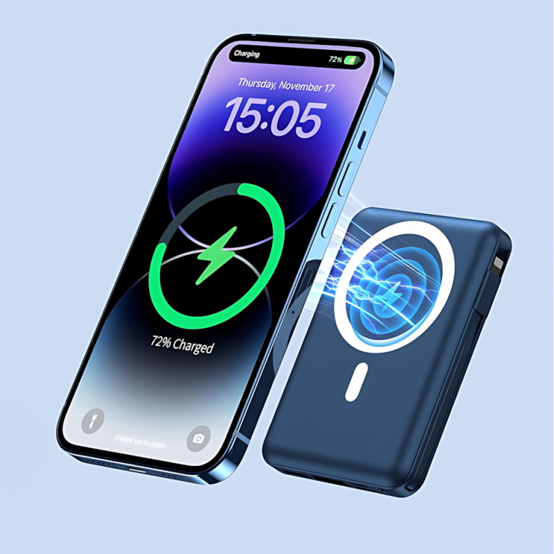 Power Bank Yiisonger KT-D011 10000 mAh, 22.5 Вт, магнітна, бездротова зарядка 15 Вт, вбудовані кабелі, цифровий дисплей, синій Чор фото - 2