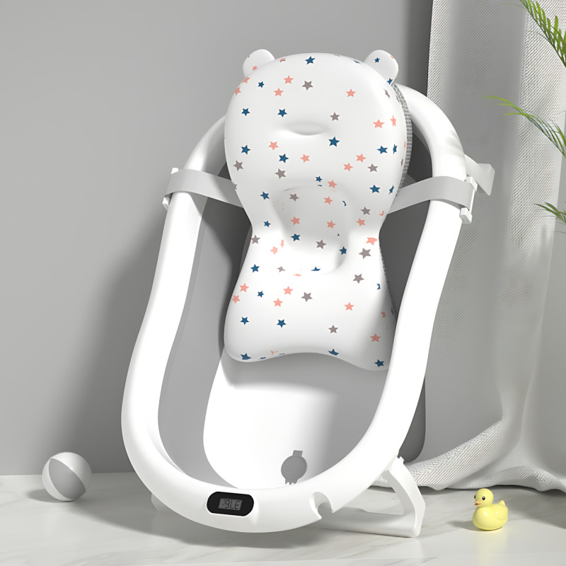 Складана дитяча ванночка з електронним термометром і м'якою подушкою, зливним корком, нековзними ніжками, сірий із зірками фото - 5