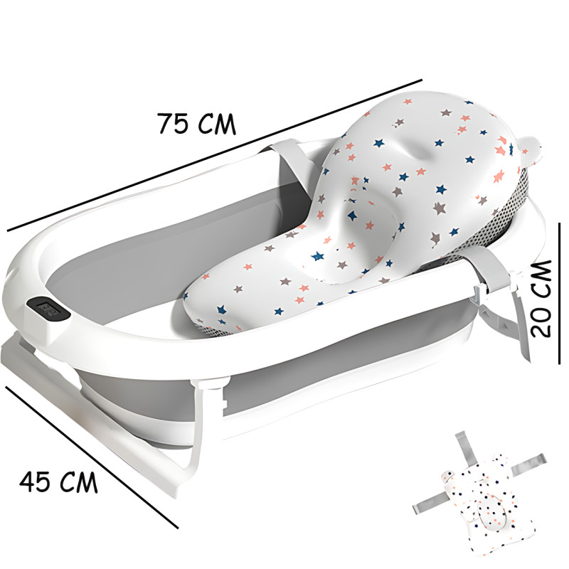 Складана дитяча ванночка з електронним термометром і м'якою подушкою, зливним корком, нековзними ніжками, сірий із зірками фото - 8