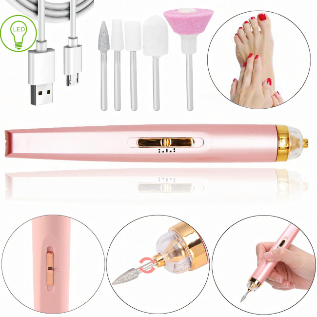 Фрезер для манікюру та педикюру Flawless Salon Nails, 65 Вт, 5 насадок, USB заряджання, 2 швидкості, акумулятор