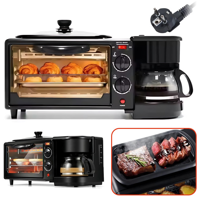 Печь-гриль-кофеварка 3в1 Domotec MS 5308B — минипечь, тостер и кофеварка в одном, 1050 Вт, 7 л, таймер, терморегулятор, черная