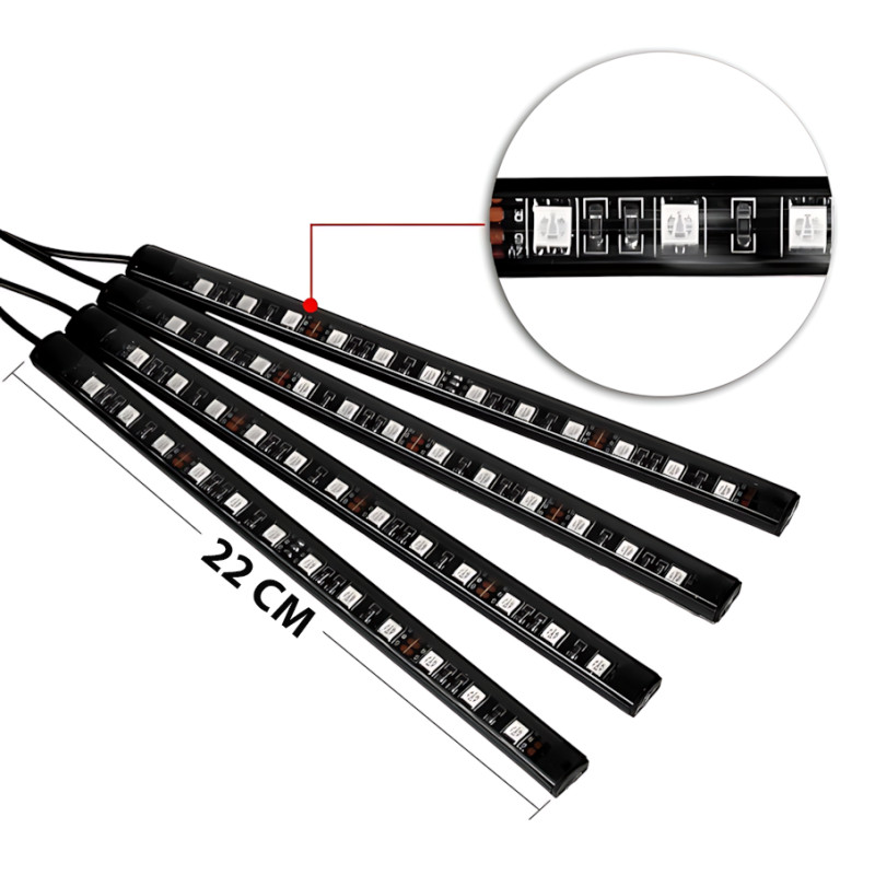 RGB-підсвітка в машину під ноги з пультом — 4x22 см, USB, світловузика, 8 кольорів, вологозахист фото - 3