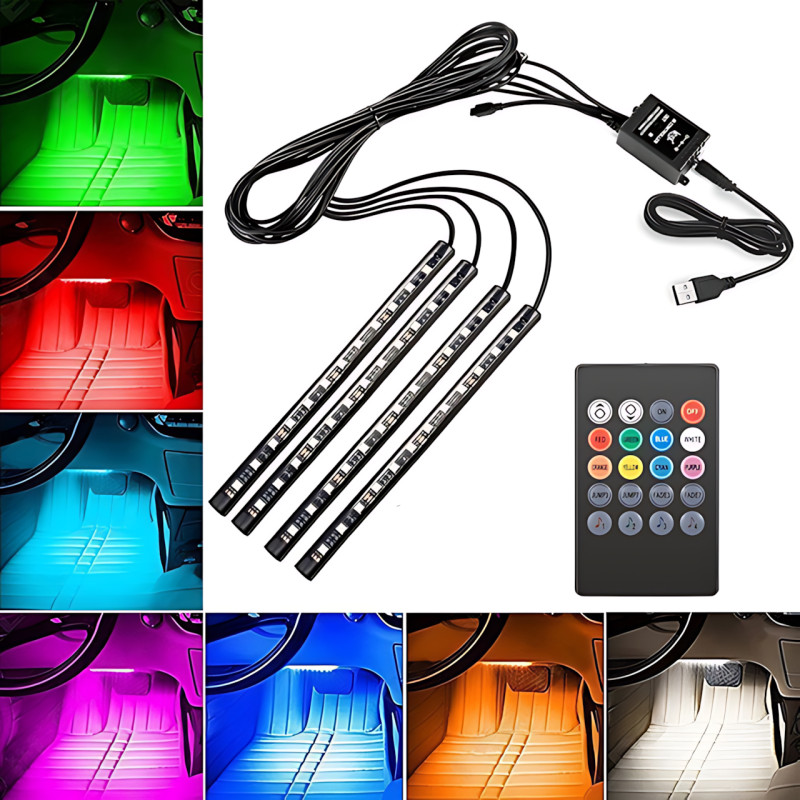 RGB-підсвітка в машину під ноги з пультом — 4x22 см, USB, світловузика, 8 кольорів, вологозахист фото - 7