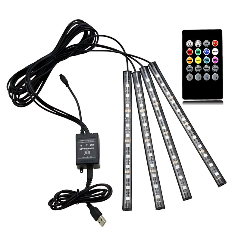 RGB-підсвітка в машину під ноги з пультом — 4x22 см, USB, світловузика, 8 кольорів, вологозахист фото - 2
