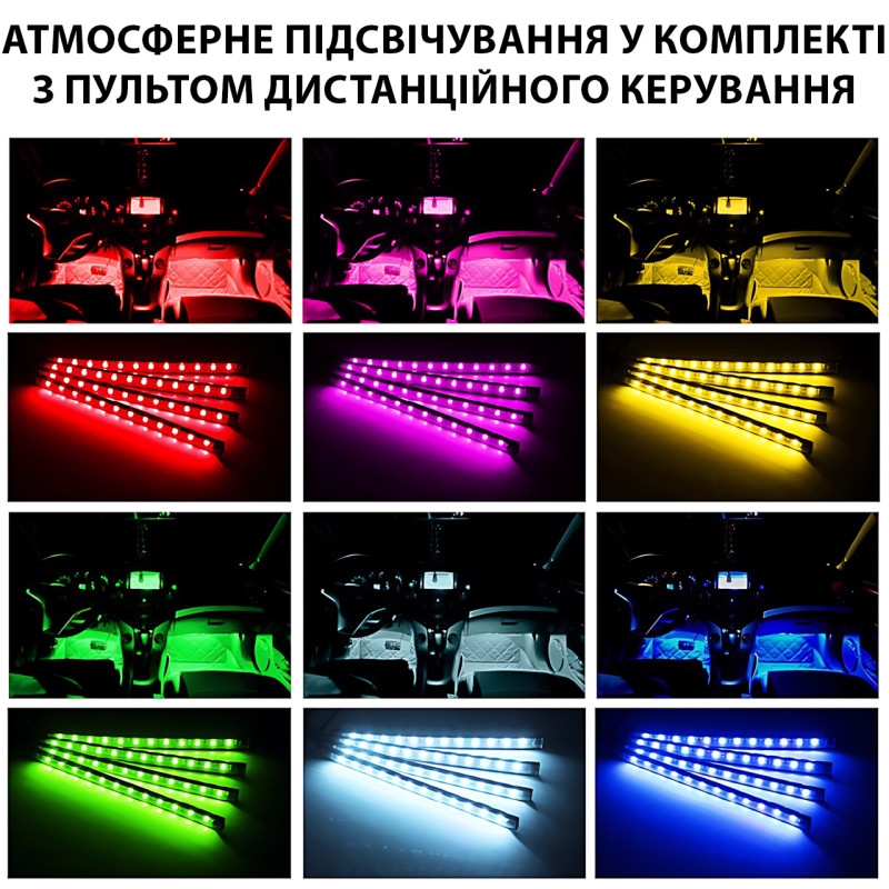 RGB-підсвітка в машину під ноги з пультом — 4x22 см, USB, світловузика, 8 кольорів, вологозахист фото - 8