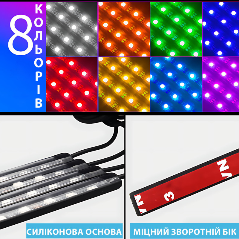 RGB-підсвітка в машину під ноги з пультом — 4x22 см, USB, світловузика, 8 кольорів, вологозахист фото - 6