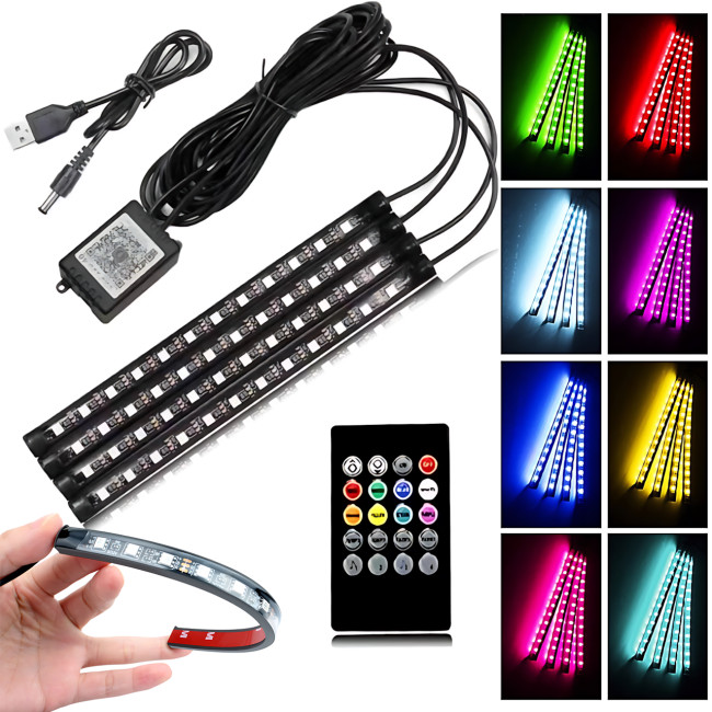 RGB-підсвітка в машину під ноги з пультом — 4x22 см, USB, світловузика, 8 кольорів, вологозахист