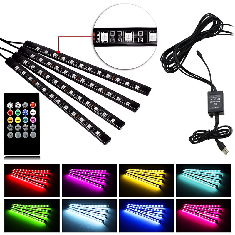 RGB-підсвітка в машину під ноги з пультом — 4x22 см, USB, світловузика, 8 кольорів, вологозахист фото - 9