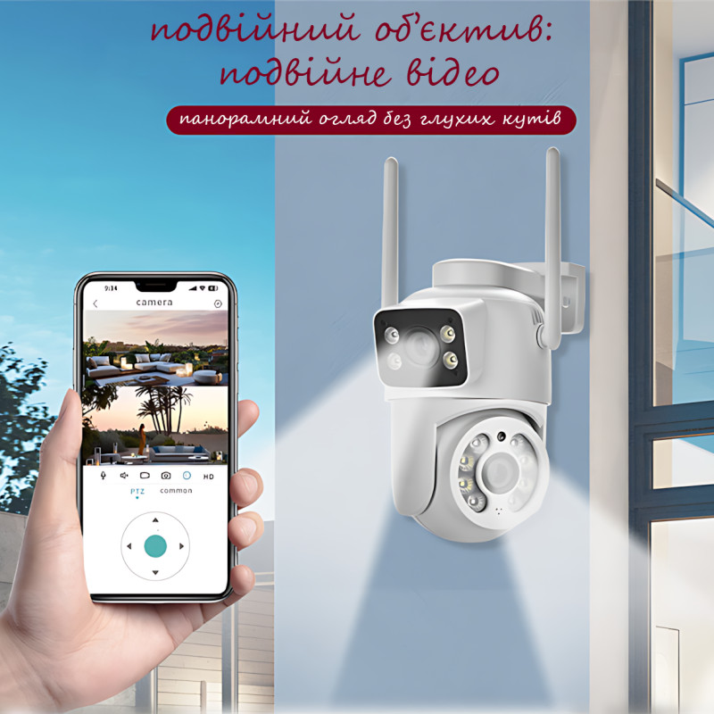 IP Wi-Fi камера Q13, 6 МП, 2 об'єктиви 3 Мп + 3 Мп, AI стеження, нічне бачення 25 м, iCSee, IP66, PTZ, дуплекс фото - 8
