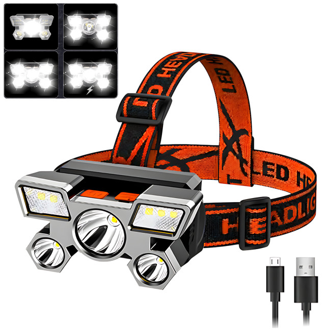 Налобный фонарь HEAD LIGHT с 5 яркими светодиодами и встроенным аккумулятором 18650