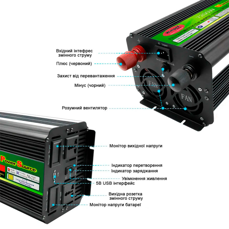 Инвертор-преобразователь напряжения Wimpex UPS, 12В-220В, 5200ВТ, USB3, функция зарядки фото - 9