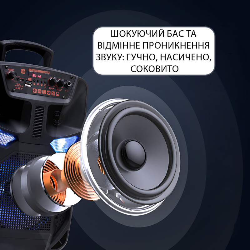Портативна Bluetooth-колонка з караоке Kimiso QS5805, 8", 12 Вт, FM, мікрофон, USB/TF, AUX, HDMI, світломузка фото - 7