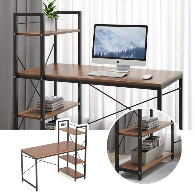 Письменный стол компьютерный с 4 полками Tower 120&times;60&times;120 см, металлический лофт каркас + полки под орех, рабочий стол для дома