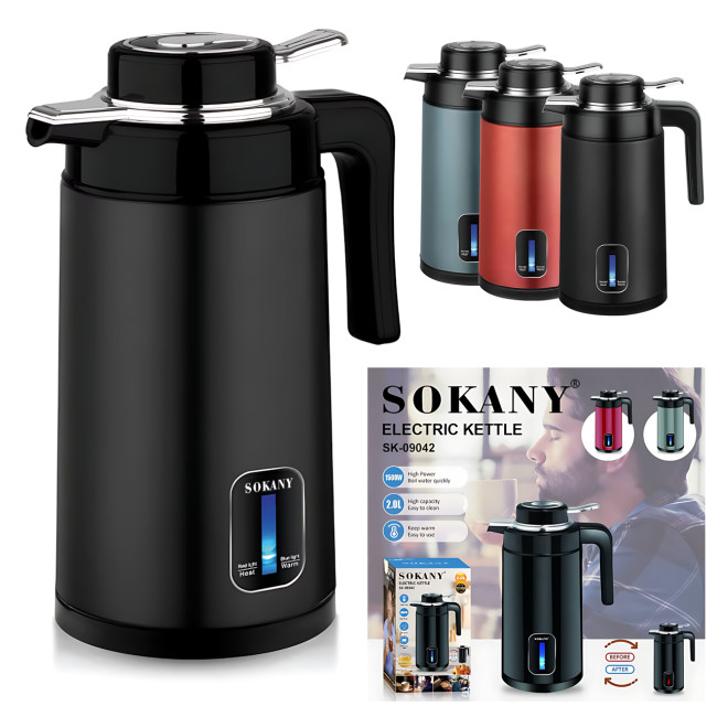 Електричний чайник-термочайник Sokany SK-09042 2 л, 1500 Вт, подвійні стінки, з неіржавкої сталі SUS316