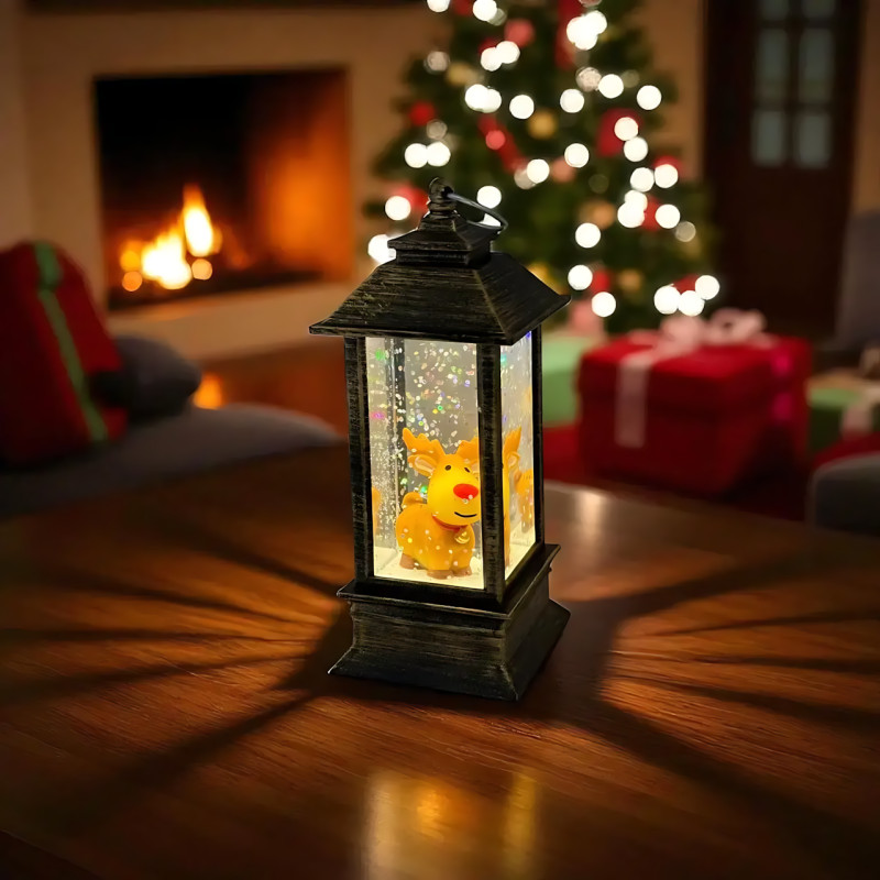 Рождественский ночник-фонарь с 3D фигурками внутри, жидкостью и LED-подсветкой, 12.5 см, на батарейках 3LR44, санта, елочка, олень Бронзовый фото - 2