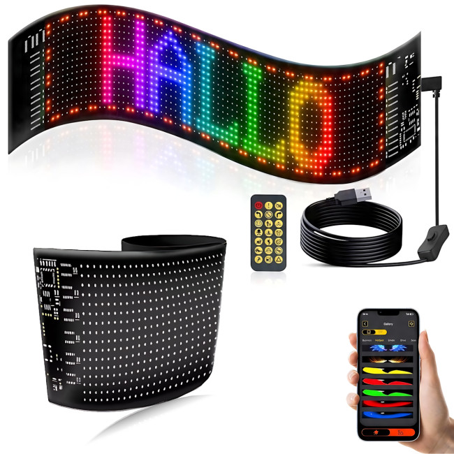 Гнучкий LED-дисплей ART-0568 RGB, Bluetooth, Type-C, IP65, керування через телефон і пульт, 89.8×19.2 см