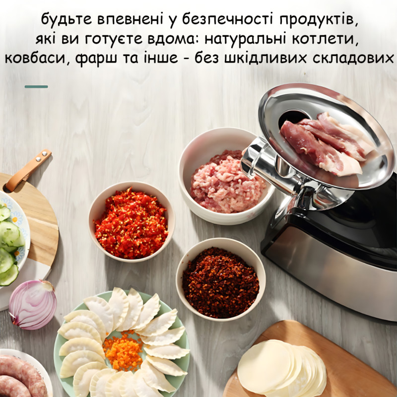 Мясорубка Domotec MS 2024, 3000 Вт, с реверсом, насадками для кеббе, колбас, шинковки, сока, тремя решетками, металлическая фото - 9