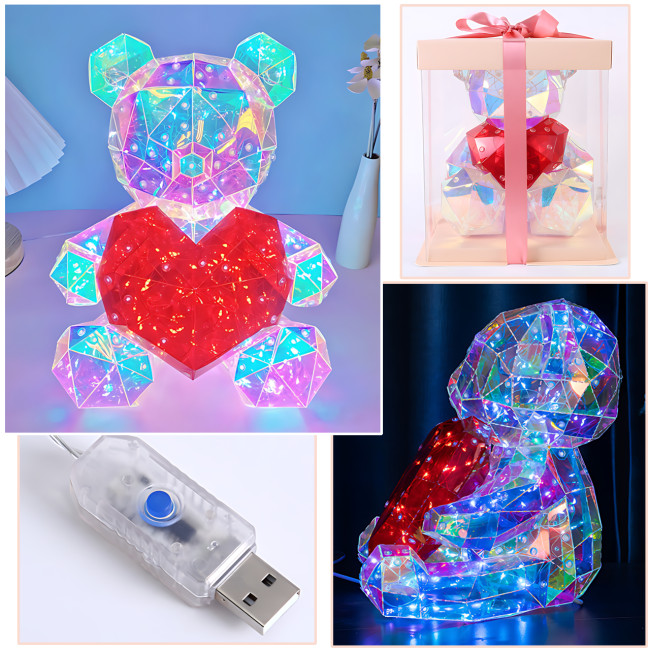 Ночник 3D «Мишка с сердцем» ART-0631, светильник Love Bear LED 17×14 см, голографический эффект, Multi-подсветка, USB