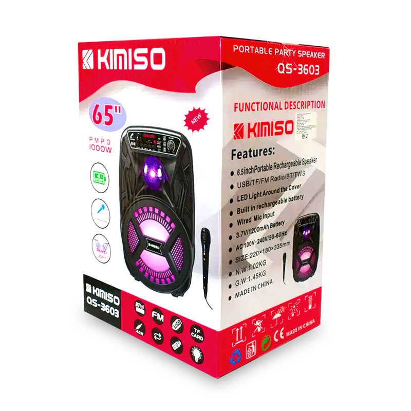 Портативна колонка Kimiso QS-3603 на 10 Вт, 1200 мА/год з мікрофоном і світломузкою фото - 5
